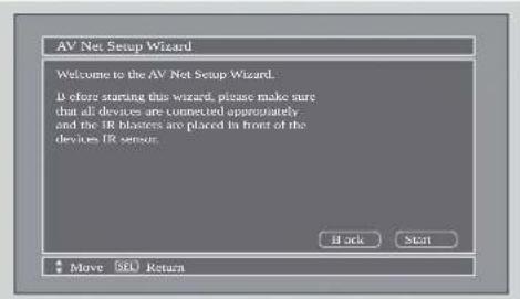 AV Net Setup Wizard Welcome to the AV Net Setup Wizard. If store starting this wizard, please make sure that all devices are connected appropriately- and the IR blisters are placed in front of the devices IR sensor. Stack Start Move ISEU Return