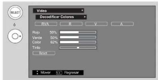 Video Decodificar Colores RVA R V A Rojo 50% Verde 50% Color 62% Tints Reset Mover Regresar