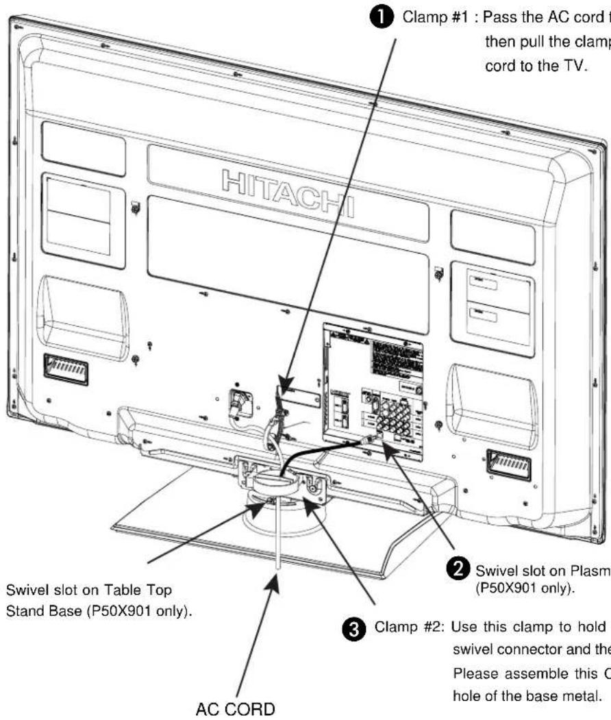 HITACHI Clamp #1 : Pass the AC cord to then pull the clamp cord to the TV. Swivel slot on Table Top Stand Base (P50X901 only). AC CORD Clamp #2: Use this clamp to hold swivel connector and the Please assemble this C hole of the base metal.