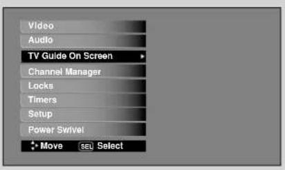 Video Audio TV Guide On Screen Channel Manager Locks Timers Setup Power Swivel Move SEO Select