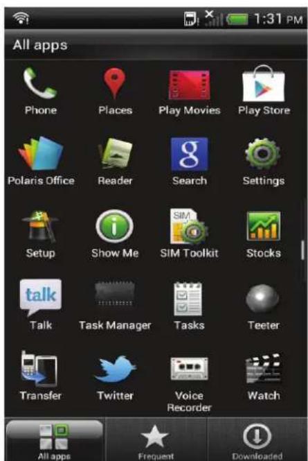 All apps Phone Places Play Movies Play Store Polaris Office Reader Search Settings Setup Show Me SIM Toolkit Stocks Talk Task Manager Tasks Teeter Transfer Twitter Voice Recorder Watch All apps Frequent Downloaded