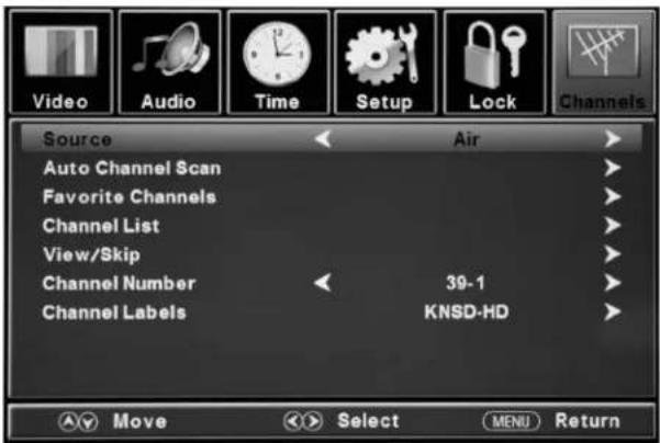 Video Audio Time Setup Lock Channels Source Air Auto Channel Scan Favorite Channels Channel List View/Skip Channel Number 39-1 Channel Labels KNSD-HD Move Select MENU Return