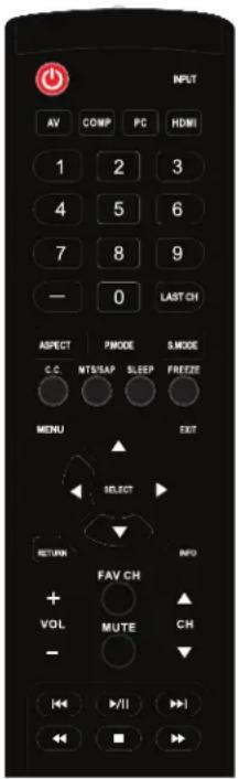 INPUT AV COMP PC HDMI 1 2 3 4 5 6 7 8 9 — 0 LAST CH ASPECT PMODE S MODE C.C. MTS/SAP SLEEP FREEZE MENU EXIT SELECT RETURN INFO + FAV CH VOL MUTE CH -