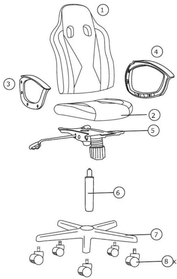 Exploded view diagram of an airship seat assembly with numbered parts for identification