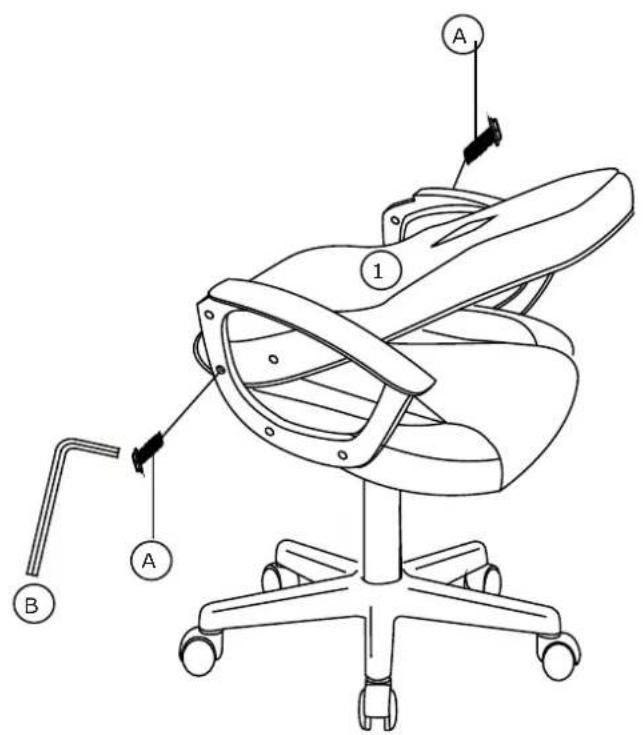 Diagram of an office chair with labeled parts A and B, showing a handle mechanism for assembly or repair.