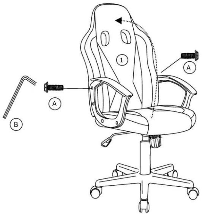 Technical diagram of an office chair with labeled parts and a close-up view showing mechanical components.