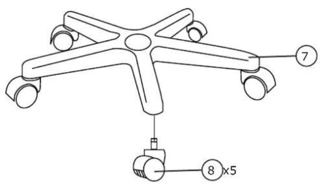 Technical diagram of a multi-pole mechanical device with labeled parts and dimension annotations