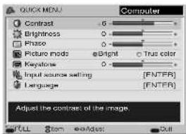 QUICK MENU Computer Contrast 6 Brightness 0 Phase 0 Picture mode 0 Keystone 0 Input source setting (FNTFR) Language (FNTFR) Adjust the contrast of the image. FULL 50mm x100mm Cut