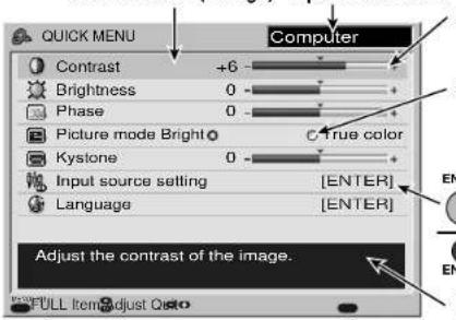 QUICK MENU Computer Contrast +6 Brightness 0 Phase 0 Picture mode Bright C true color Kystone 0 Input source setting [ENTER] Language [ENTER] Adjust the contrast of the image. FULL Item Adjust Opto