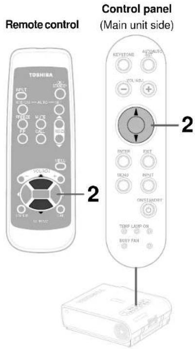 Remote control TOSHILA 2 Control panel (Main unit side) KEYSTONE AUTOMUTO SET VOLUADU + 2 ENTER EXIT MENU INPUT ONSTANDARD TEMP LAMP ON BABY FAN