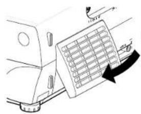 Diagram showing a grid panel mounted on a vehicle's side panel with directional arrows and a black arrow indicating rotation or movement.