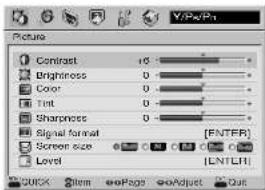 Picture Contrast 10 Brightness 0 Color 0 Tint 0 Sharpness 0 Signal format [ENTFR] Screen size [LNTLR] Level [LNTLR] QUICK Item Page Adjust Cut