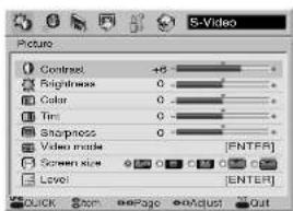 5-Video Picture Contrast +6 Brightness 0 Color 0 Tim 0 Sharpness 0 Video mode [ENTFR] Screen size 0 Level [ENTER] QUICK Start OffPage Adjust Out