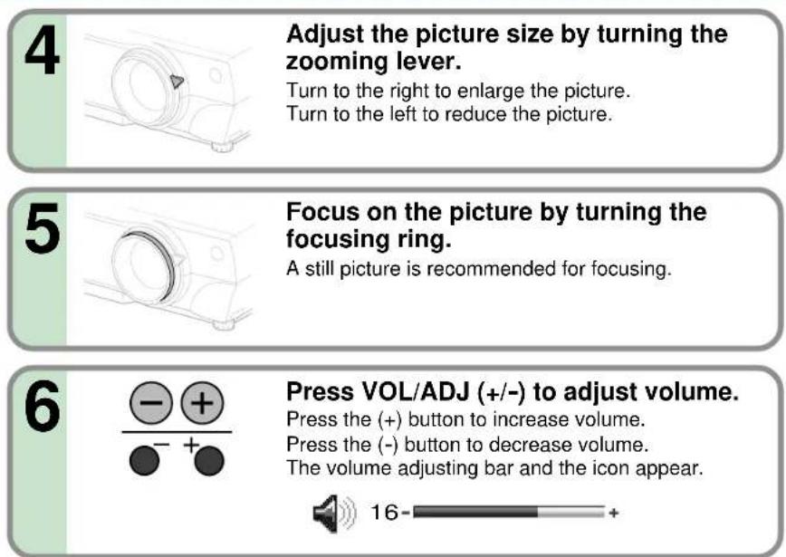 4 Adjust the picture size by turning the zooming lever. Turn to the right to enlarge the picture. Turn to the left to reduce the picture. 5 Focus on the picture by turning the focusing ring. A still picture is recommended for focusing. 6 Press VOL/ADJ (+/-) to adjust volume. Press the (+) button to increase volume. Press the (-) button to decrease volume. The volume adjusting bar and the icon appear. 16-+