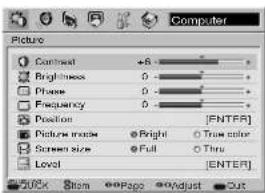 Computer Picture Contrast +5 - Brightness 0 - Shape 0 - Frequency 0 - Position [ENTFR] Picture mode ●Bright ○True color Screen size ●Full ○Thru Level [ENTER] OKX Item Page Adjust Cut