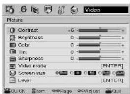 Video Picture Contrast +5 Brightness 0 Color 0 Tint 0 Sharpness 0 Video mode [ENTER] Screen size 0 Level [LEN1.1.1]