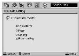Default setting Projection mode Standard Floor Ceiling Fear setting QUICK Select Quick