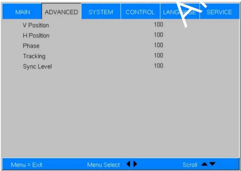 MAIN ADVANCED SYSTEM CONTROL LANGUAGE SERVICE V Position 100 H Position 100 Phase 100 Tracking 100 Sync Level 100 Menu = Exit Menu Select Scroll ▲▼