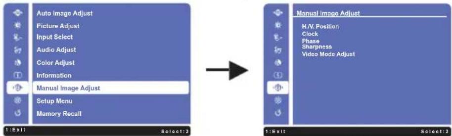 Auto Image Adjust Picture Adjust Input Select Audio Adjust Color Adjust Information Manual Image Adjust Setup Menu Memory Recall 1:Exit Select:2 Manual Image Adjust H.V. Position Clock Phase Sharpness Video Mode Adjust 1:Exit Select:2