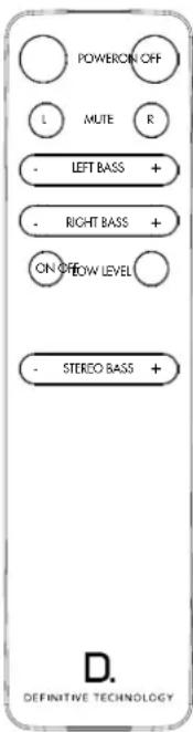 POWER ON OFF L MUTE R LEFT BASS + RIGHT BASS + ON OFF LOW LEVEL STEREO BASS + D. DEFINITIVE TECHNOLOGY