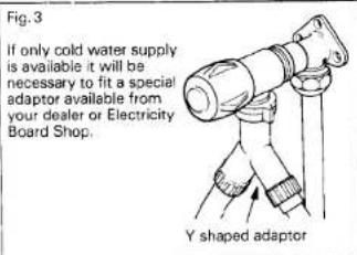 Fig. 3 If only cold water supply is available it will be necessary to fit a special adaptor available from your dealer or Electricity Board Shop. Y shaped adaptor