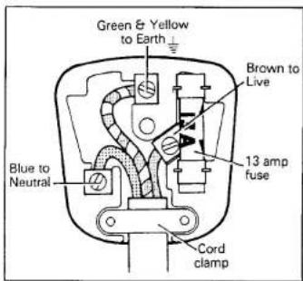 Green & Yellow to Earth Brown to Live 13 amp fuse Blue to Neutral Cord clamp
