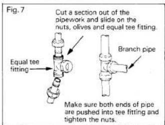 Fig. 7 Cut a section out of the pipework and slide on the nuts, olives and equal tee fitting. Equal tee fitting Branch pipe Make sure both ends of pipe are pushed into tee fitting and tighten the nuts.