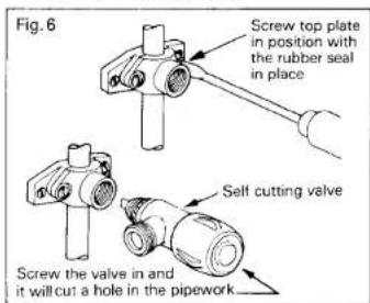 Fig. 6 Screw top plate in position with the rubber seal in place Self cutting valve Screw the valve in and it will cut a hole in the pipework