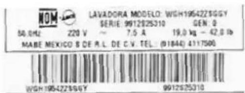 NOM LAVADORA MODELO: WSH195422366Y SERIE: 9912825310 GEN. 0 50.0Hz 220 V ~ 7.5 A 19,0 kg - 42,0 lb MABE MEXICO S DE R.L. DE C.V. TEL.: (01844) 4117500 WSH195422366Y 9912825310
