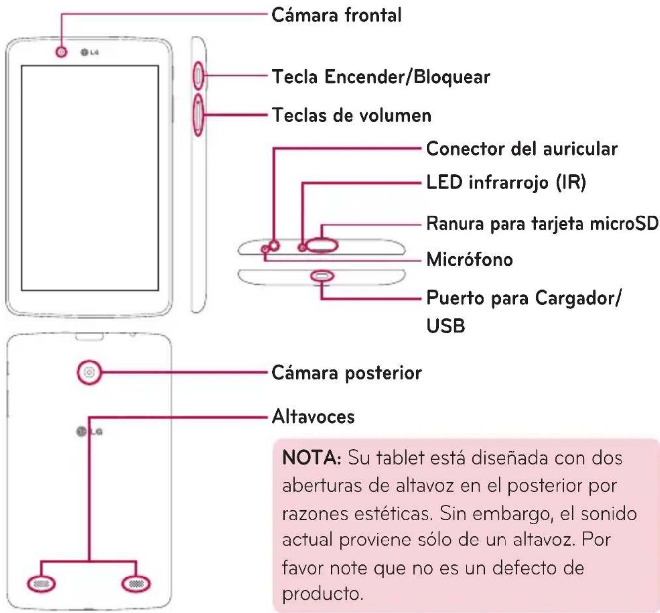 Cámara frontal Tecla Encender/Bloquear Teclas de volumen Conector del auricular LED infrarrojo (IR) Ranura para tarjeta microSD Micrófono Puerto para Cargador/ USB Cámara posterior Altavoces NOTA: Su tablet está diseñada con dos aberturas de altavoz en el posterior por razones estéticas. Sin embargo, el sonido actual proviene sólo de un altavoz. Por favor note que no es un defecto de producto.