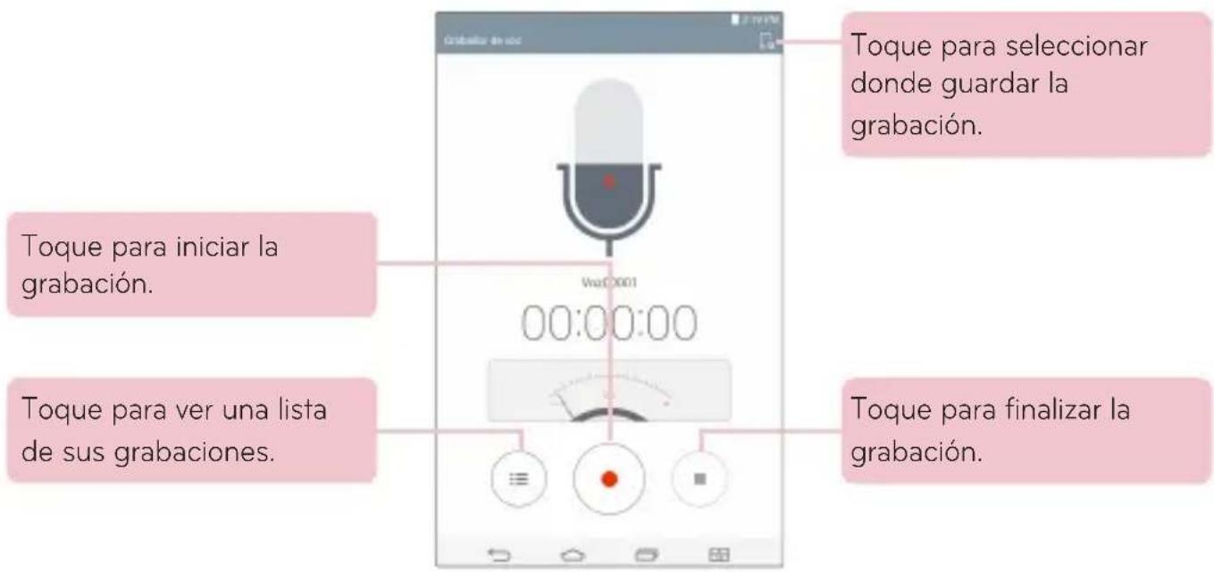 Toque para iniciar la grabación. Toque para ver una lista de sus grabaciones. Toque para seleccionar donde guardar la grabación. Vue:0001 00:00:00 Toque para finalizar la grabación.