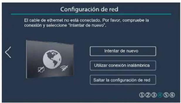 Configuración de red El cable de ethernet no está conectado. Por favor, compruebe la conexión y seleccione "Intentar de nuevo". Intentar de nuevo Utilizar conexión inalámbrica Saltar la configuración de red ①②③④⑤⑥
