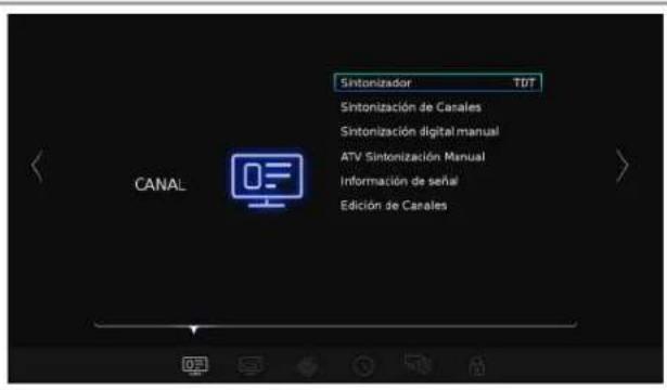 Sintonizador TDT Sintonización de Canales Sintonización digital manual ATV Sintonización Manual Información de señal Edición de Canales CANAL