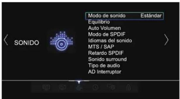 Modo de sonido Estándar Equilibrio Auto Volumen Modo de SPDIF Idiomas del sonido MTS / SAP Retardo SPDIF Sonido surround Tipo de audio AD Interruptor