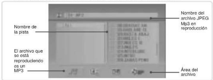 Nombre de la pista El archivo que se está reproduciendo es un MP3 Nombre del archivo JPEG Mp3 en reproducción Área del archivo