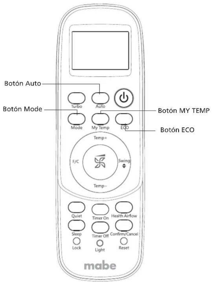 Botón Auto Botón Mode Turbo Auto Mode My Temp EDO Botón MY TEMP Botón ECO Temp+ F/C Swinging Temp- Quiet Timer On Health Airflow Sleep Timer Off Confirm/Cancel Lock Light Reset mabe