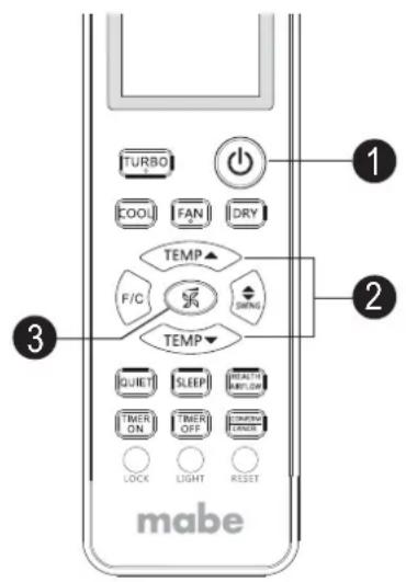 TURBO COOL FAN DRY TEMP F/C TEMP QUICK SLEEP HEALTH ON ON TIME OFF TIME LOCK LIGHT RESIST mabe