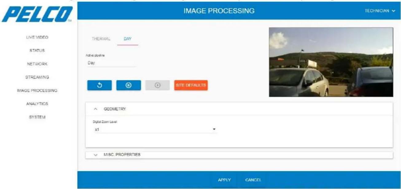 PELCO™ IMAGE PROCESSING TECHNICIAN LIVE VIDEO STATUS NETWORK STREAMING IMAGE PROCESSING ANALYTICS SYSTEM THERMAL DAY Active pipeline Day SITE DEFAULTS GEOMETRY Digital Zoom Level x1 MISC. PROPERTIES APPLY CANCEL