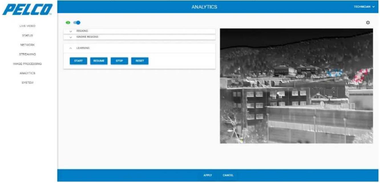 PELCO ANALYTICS TECHNICIAN LIVE VIDEO STATUS NETWORK STREAMING IMAGE PROCESSING ANALYTICS SYSTEM ● REGIONS ● IGNORE REGIONS ● LEARNING START RESUME STOP RESET APPLY CANCEL