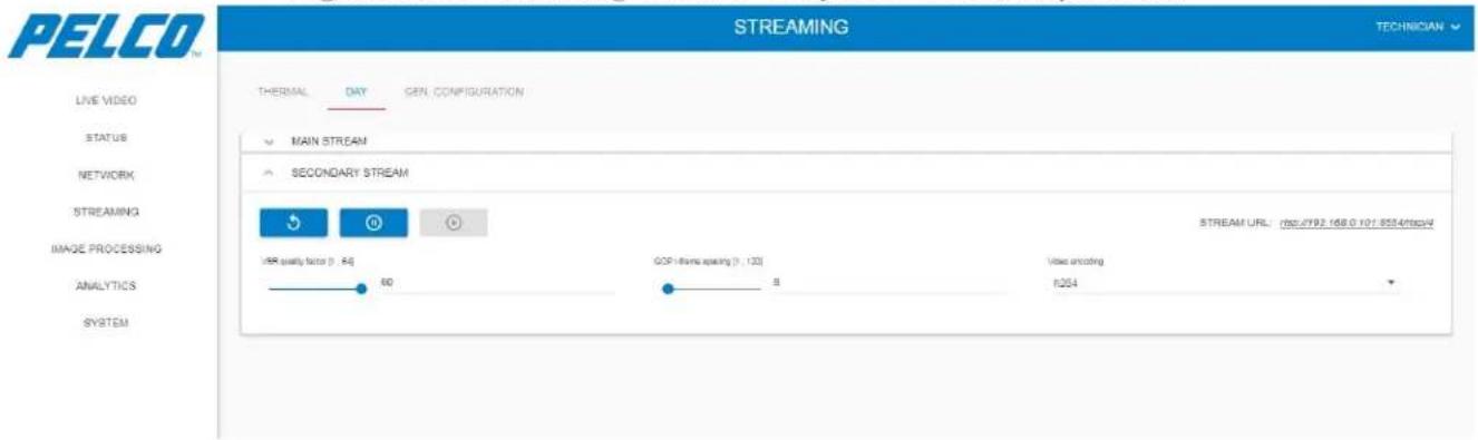 PELCO STREAMING TECHNICIAN LIVE VIDEO STATUS NETWORK STREAMING IMAGE PROCESSING ANALYTICS SYSTEM THERMAL DAY GEN. CONFIGURATION MAIN STREAM SECONDARY STREAM ISR quality factor (1, 64) GDP information spacing (1, 120) 8 Video encoding 8254 STREAM URL: msc/793.168.0.107.8554/mc/s4