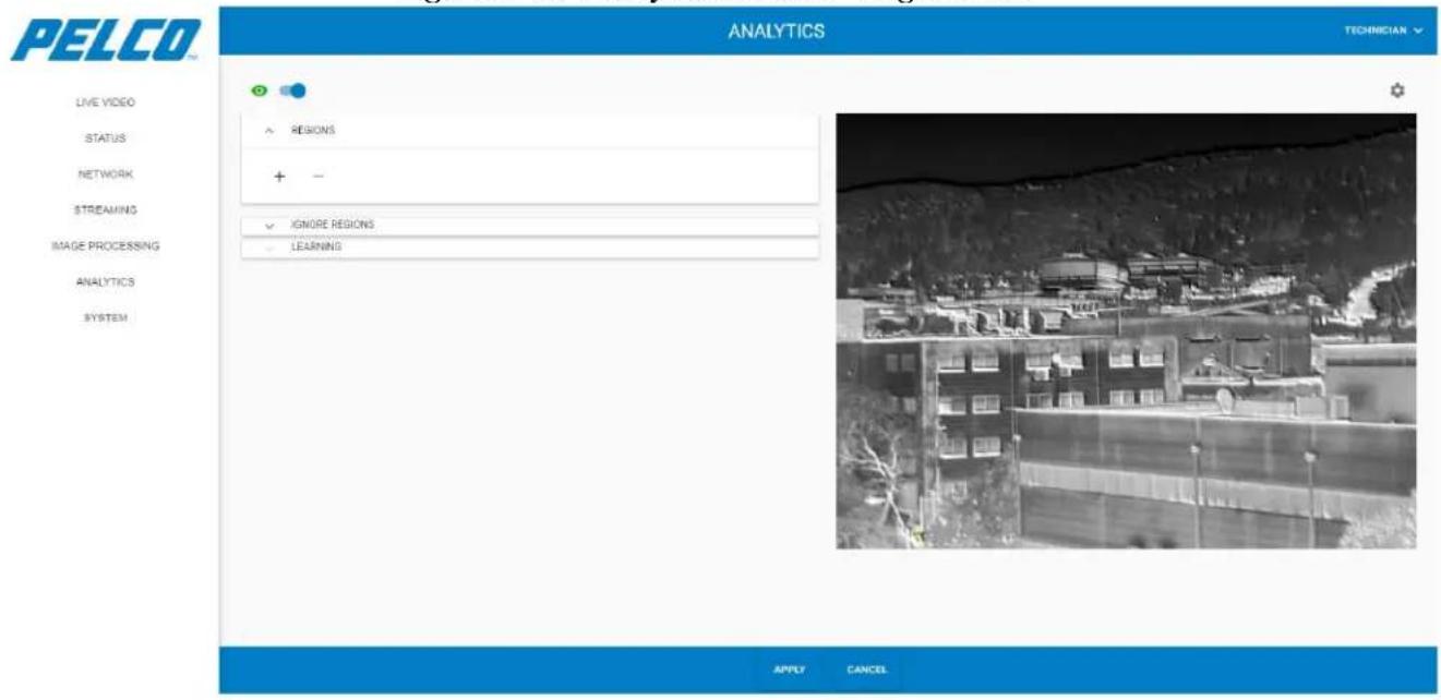 PELCO ANALYTICS TECHNICIAN LIVE VIDEO STATUS NETWORK STREAMING IMAGE PROCESSING ANALYTICS SYSTEM • REGIONS + - ✓ IGNORE REGIONS - LEARNING APPLY CANCEL