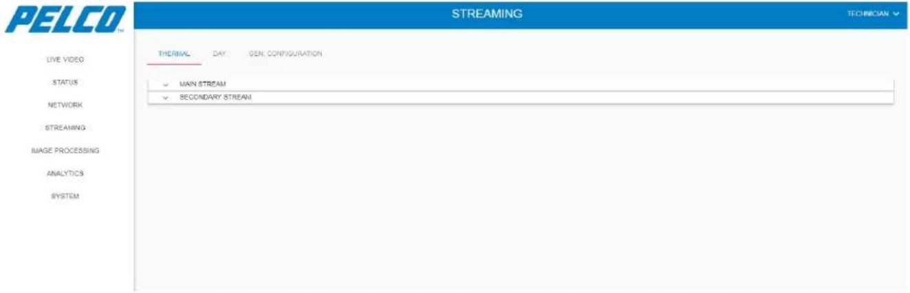 PELCO STREAMING TECHNICIAN LIVE VIDEO STATUS NETWORK STREAMING IMAGE PROCESSING ANALYTICS SYSTEM THERMAL DAY GEN. CONFIGURATION MAIN STREAM SECONDARY STREAM