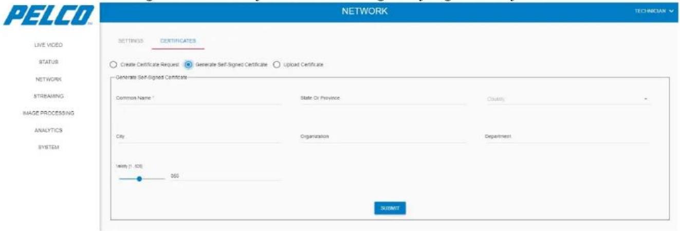 PELCO NETWORK TECHNICIAN LISTING CERITICATES CREATE Certificate Request Generate Self-Signed Certificate Upload Certificate Generate Self-Signed Certificate Common Name State Or Province Clarity City Organization Department Yield 1.40E 065 SUBMIT