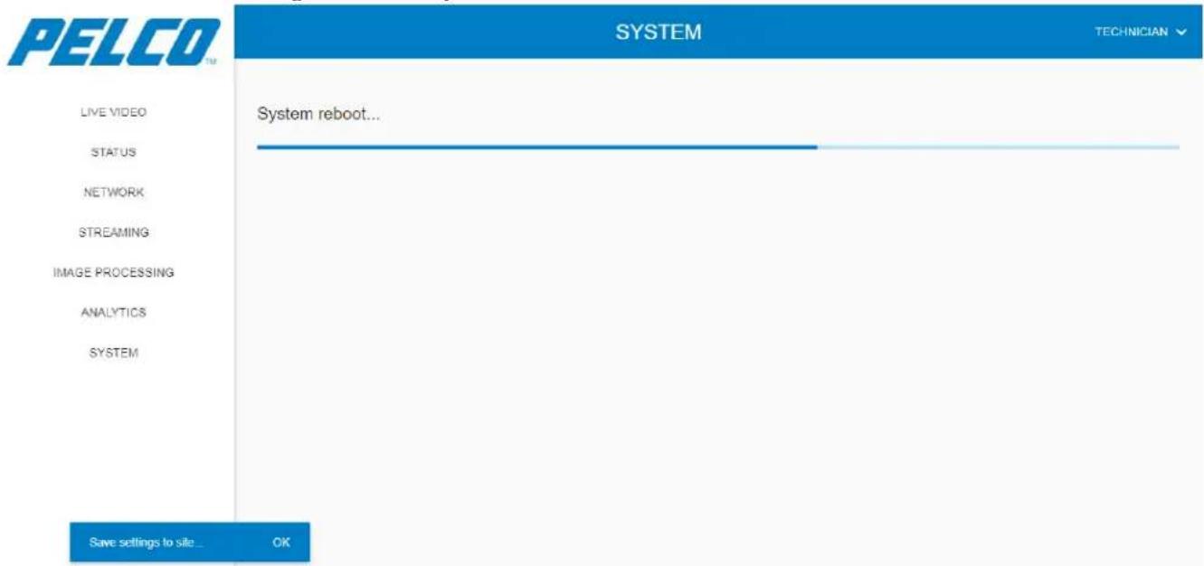 PELCO SYSTEM TECHNICIAN LIVE VIDEO STATUS NETWORK STREAMING IMAGE PROCESSING ANALYTICS SYSTEM System reboot... Save settings to site... OK