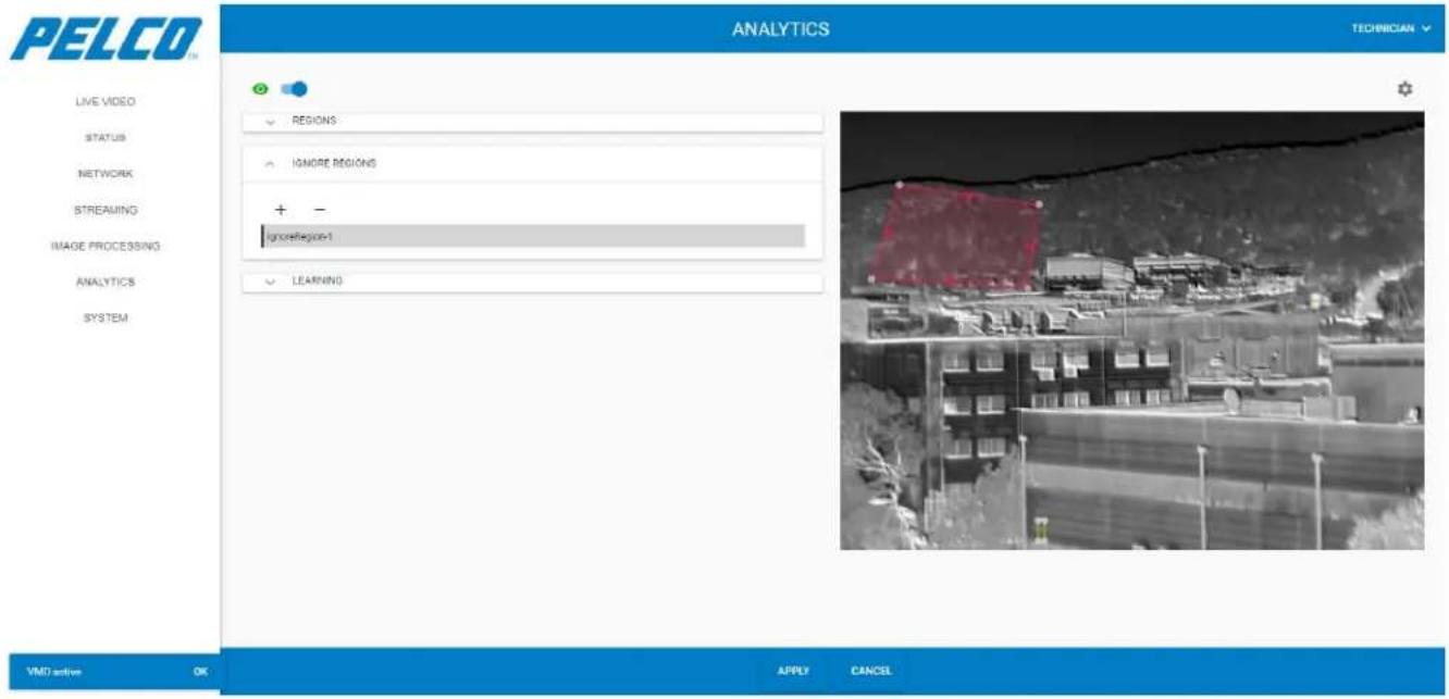 PELCO TM ANALYTICS TECHNICIAN LIVE VIDEO STATUS NETWORK STREAMING IMAGE PROCESSING ANALYTICS SYSTEM REGIONS IGNORE REGIONS + - IgnoreRegion-1 LEARNING VMD active OK APPLE CANCEL