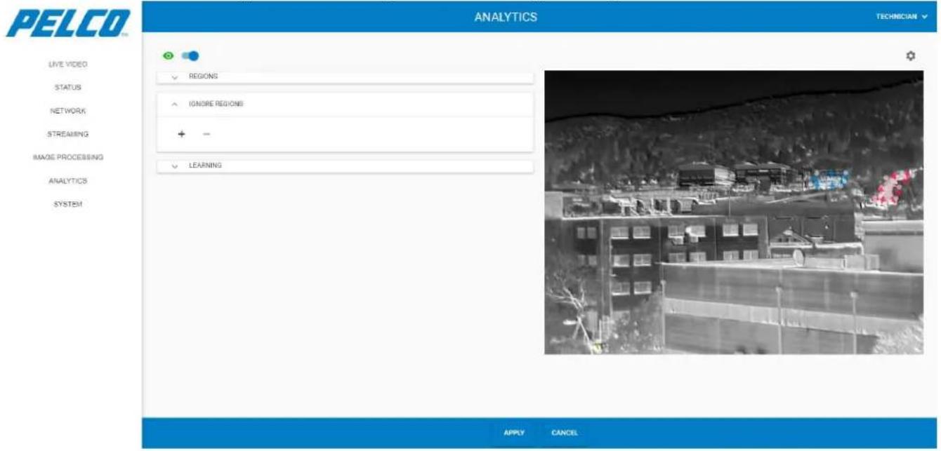 PELCO ANALYTICS TECHNICIAN LIVE VIDEO STATUS NETWORK STREAMING IMAGE PROCESSING ANALYTICS SYSTEM ✓ REGIONS ✓ IGNORE REGIONS + - ✓ LEARNING APPLY CANCEL
