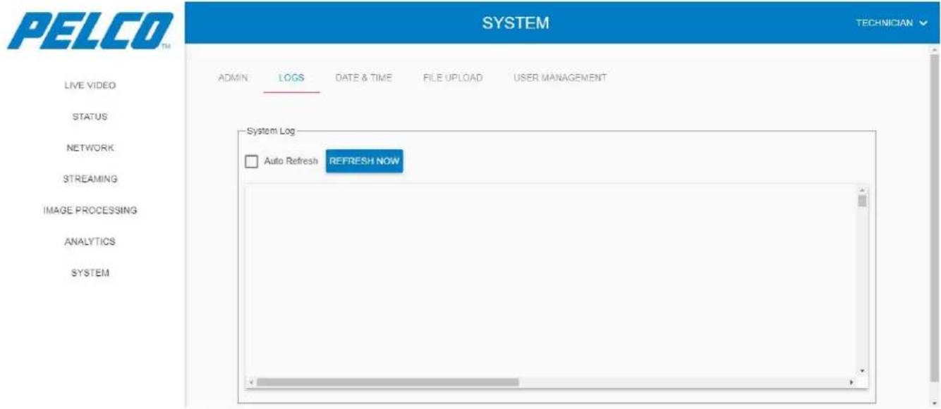 PELCO SYSTEM TECHNICIAN LIVE VIDEO STATUS NETWORK STREAMING IMAGE PROCESSING ANALYTICS SYSTEM ADMIN LOGS DATE & TIMEsrFILE UPLOAD_USER MANAGEMENT System Log Auto Refresh REFRESH NOW