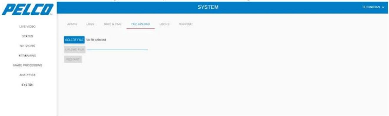 PELCO SYSTEM TECHNICIAN ADMIN LOGS DATE & TIME FILE UPLOAD USERS SUPPORT LISTE SELECT FILE No file selected UPWARD FILE RESTART