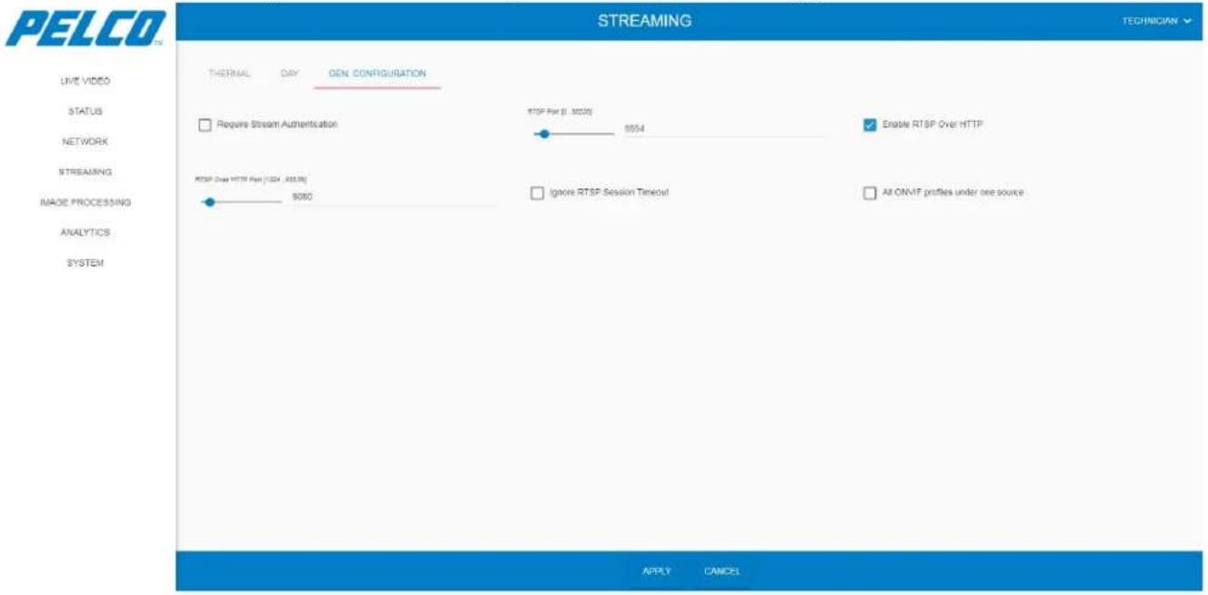 PELCO STREAMING TECHNICIAN THERMAL DAY GEN. CONFIGURATION Require Stream Authentication RTSP Part (S: 80205) 8054 Enable RTSP Over HTTP RTSP Over HTTP Part (1024, 883.96) 9080 Ignore RTSP Session Timeout All ONVIF profiles under one source APPLY CANCEL LIVE VIDEO STATUS NETWORK STREAMING IMAGE PROCESSING ANALYTICS : SYSTEM