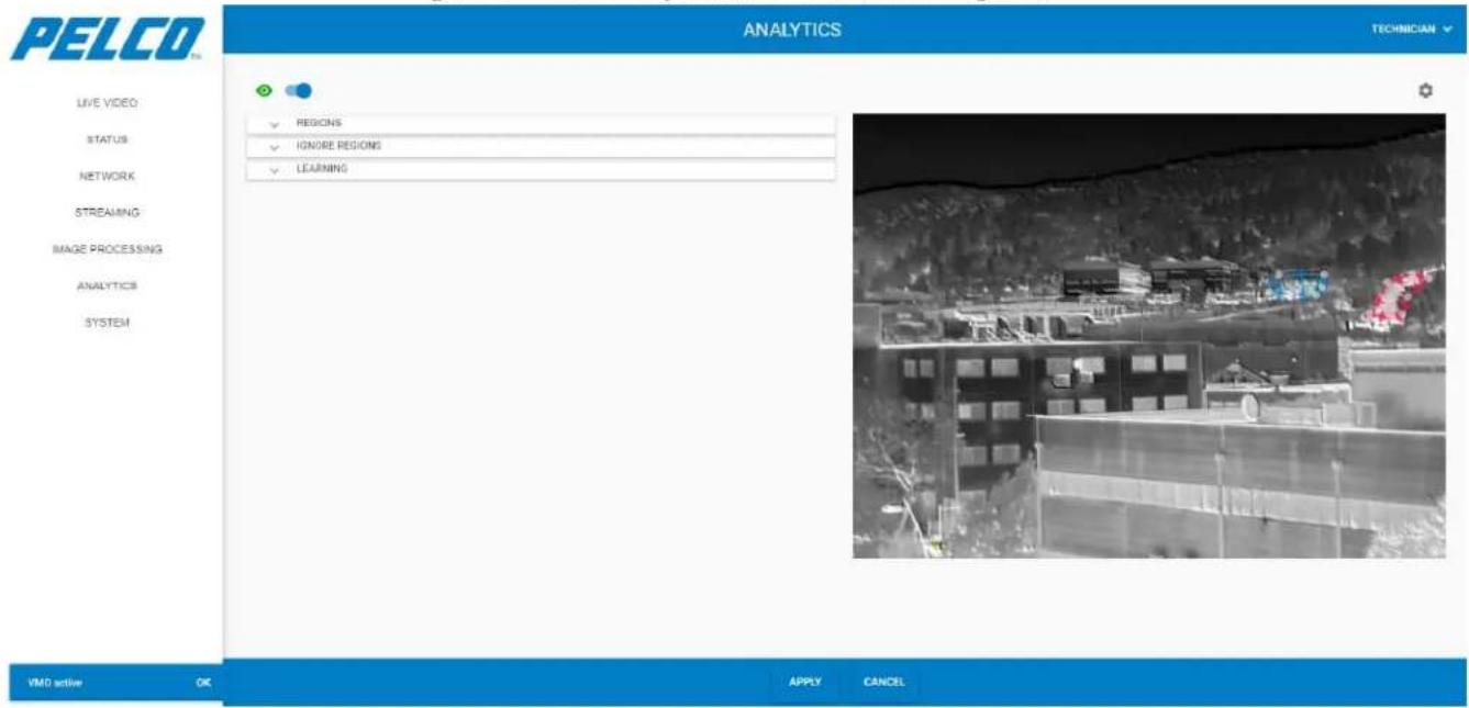 PELCO ANALYTICS TECHNICIAN LIVE VIDEO STATUS NETWORK STREAMING IMAGE PROCESSING ANALYTICS SYSTEM REGIONS IGNORE REGIONS LEARNING VMD active OK APPLY CANCEL
